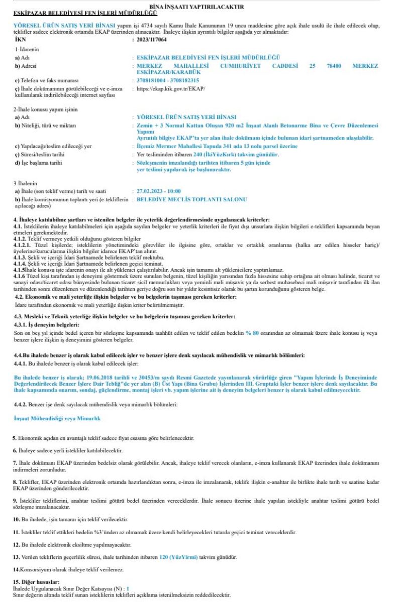 YÖRESEL ÜRÜN SATIŞ YERİ BİNASI YAPIM İŞİ