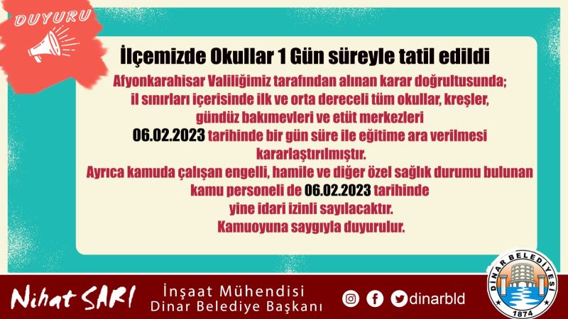 Okullar 1 gün süreyle tatil edildi